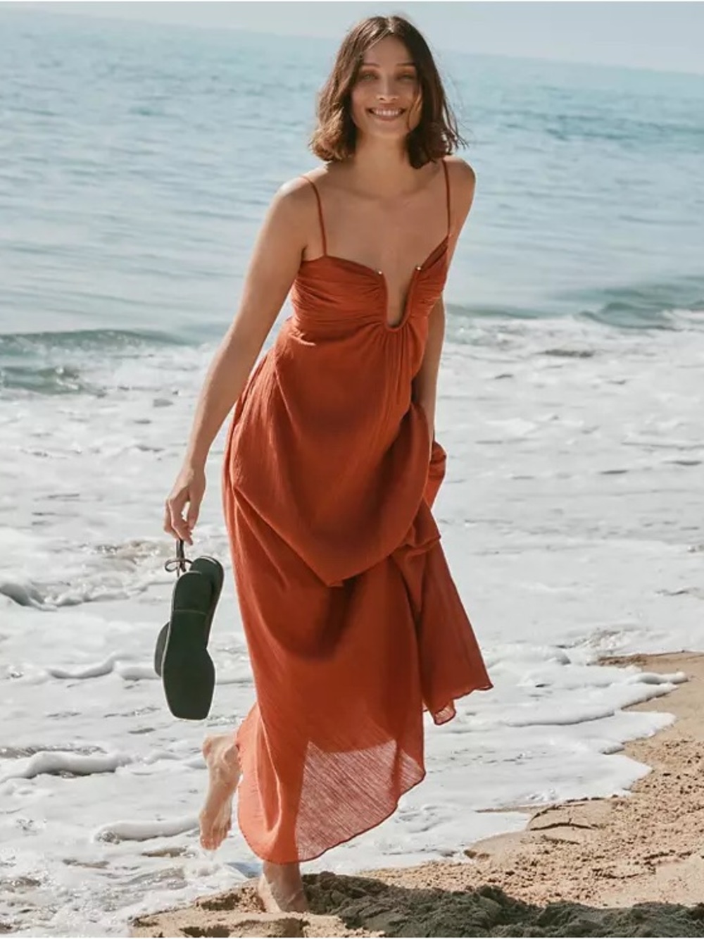 NWT LOFT Rust Cotton Spaghetti-Strap Maxi Dress with Metallic U Cutout